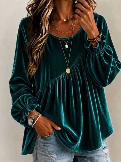 Round Neck Long Sleeve Velvet Blouse with Asymmetric Gathered Detail