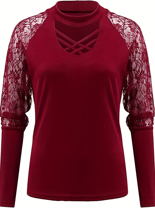Lace Stitching Solid T-shirt, Sexy Criss Cross Long Sleeve Crew Neck T-shirt
