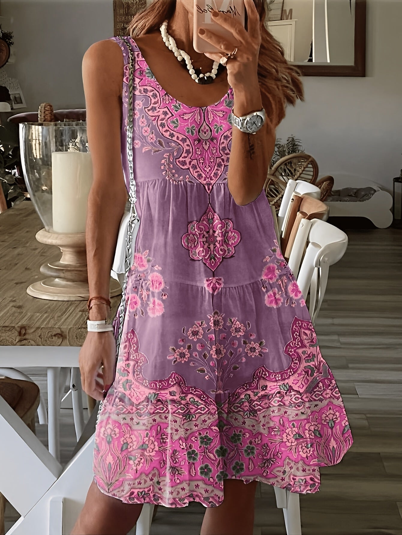 Floral Print Ruched Tank Dress, Vacation Style Sleeveless Crew Neck Dress