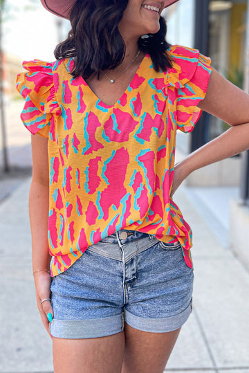 Orange Abstract Print V Neck Ruffled Sleeve Blouse