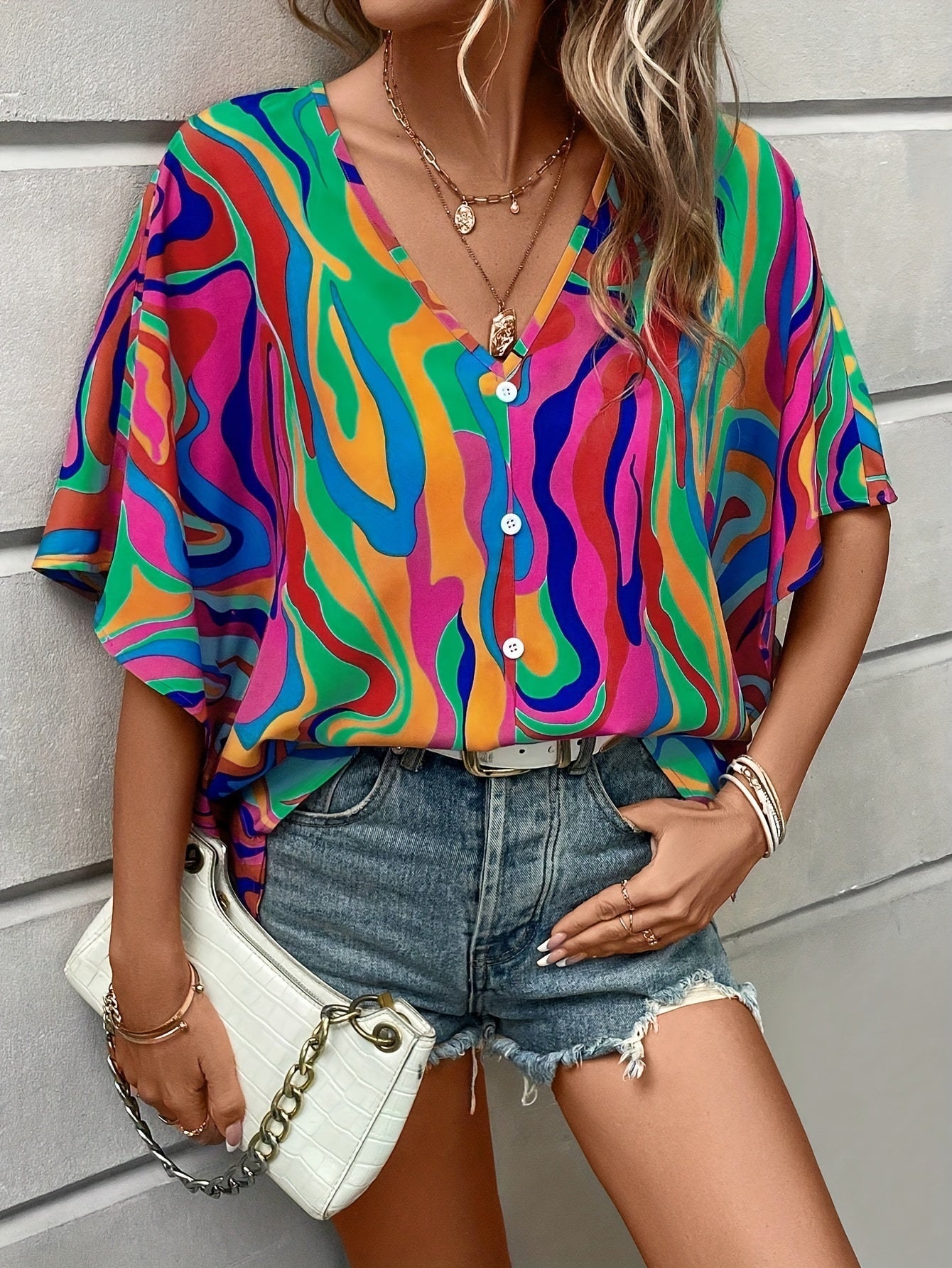 Floral Print V Neck Blouse, Elegant Short Sleeve Top