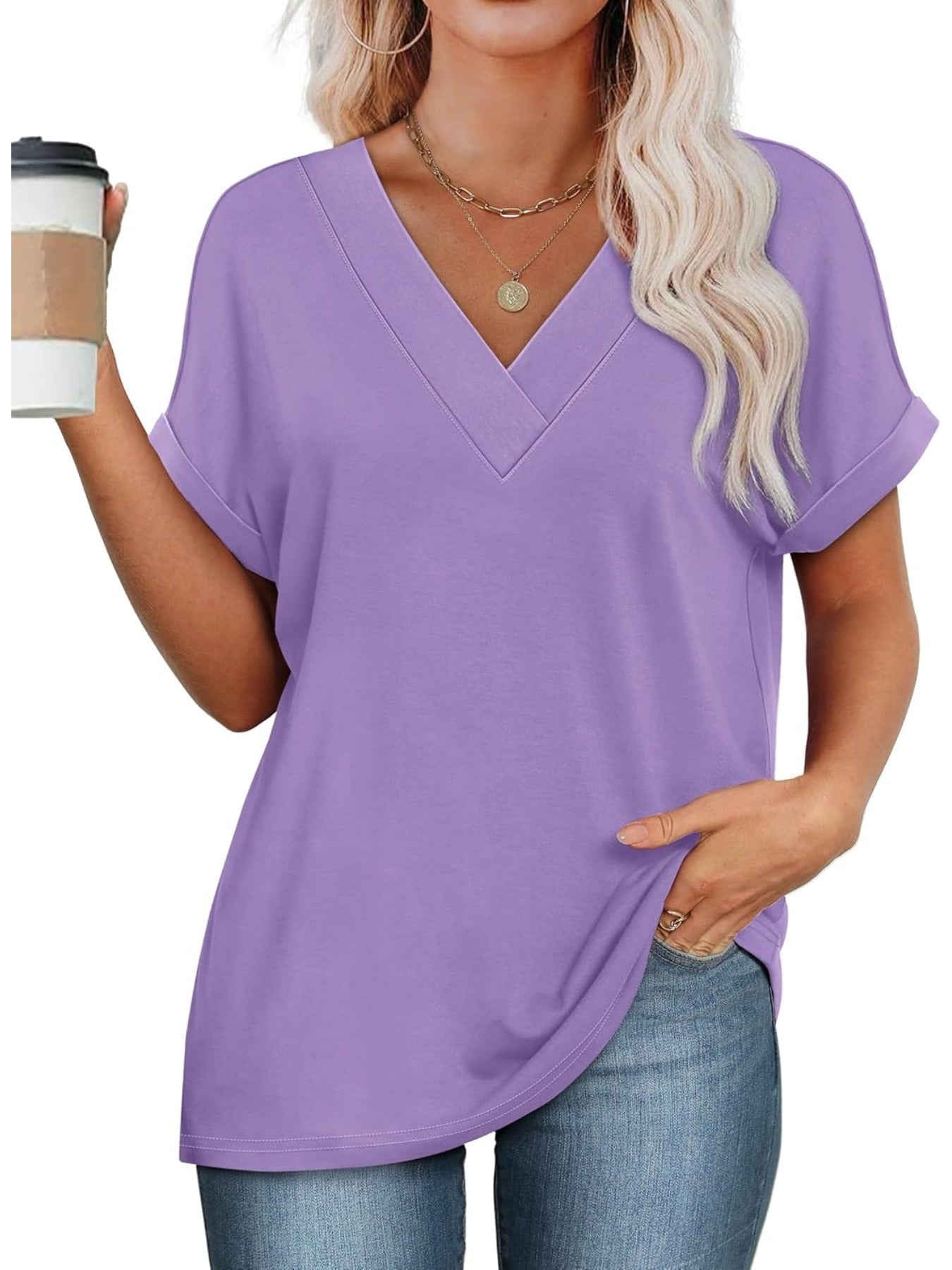 Solid Color V Neck Short Dolman Sleeve Shirts
