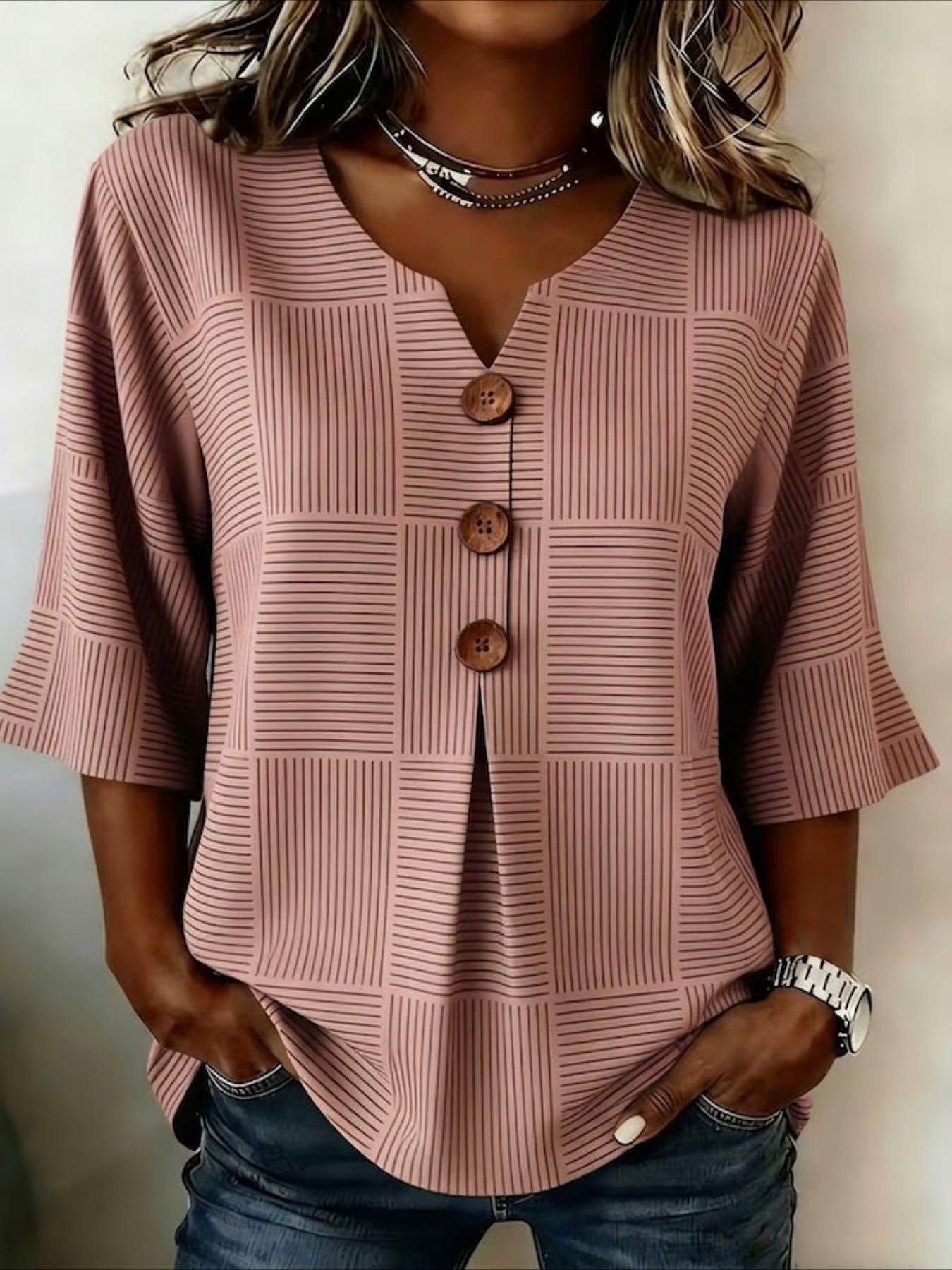 Striped V Neck Button Short Ruffle Sleeve Casual Top