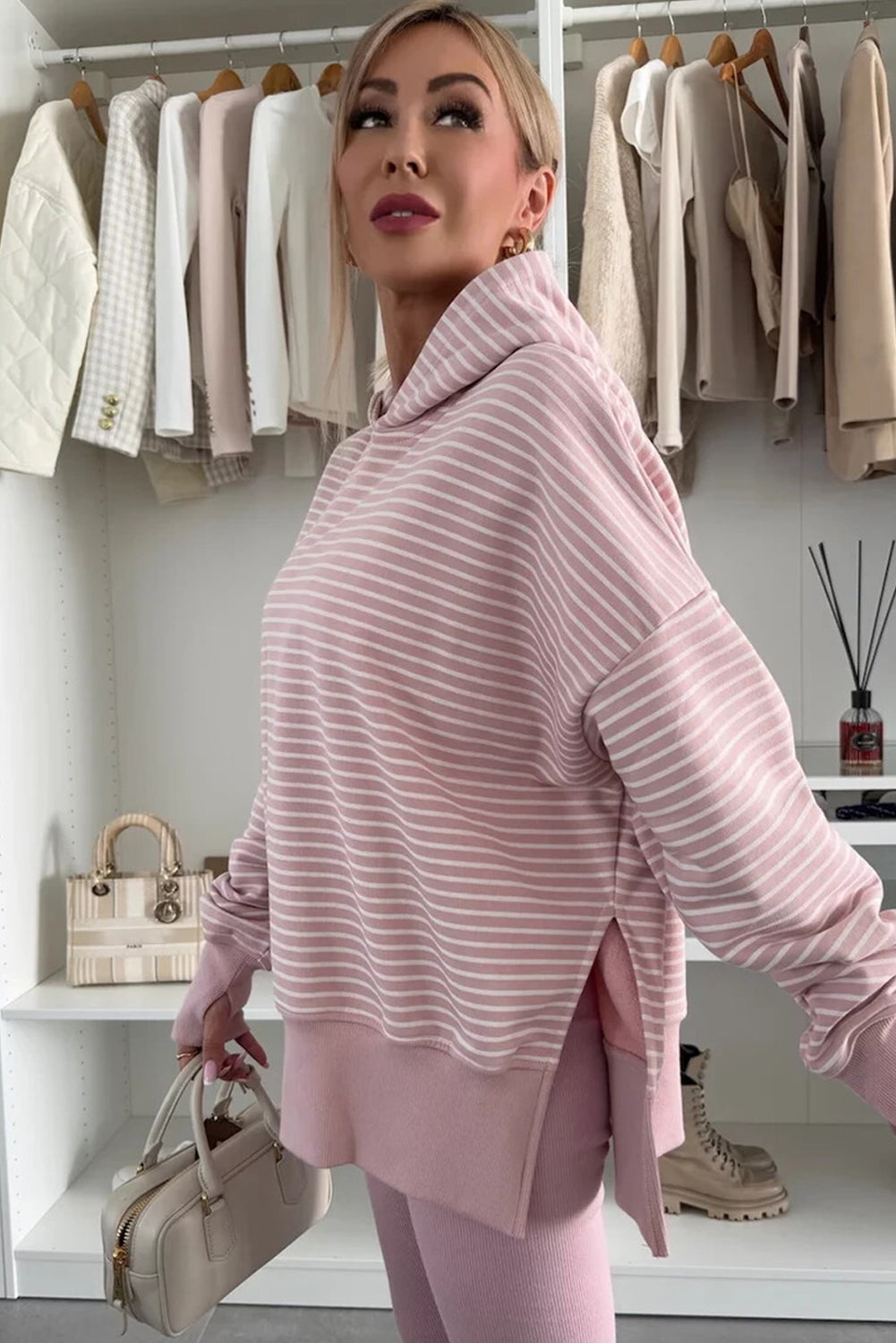 Purple Stripe Thumbhole Side Slits Drop Shoulder Loose Fit Hoodie