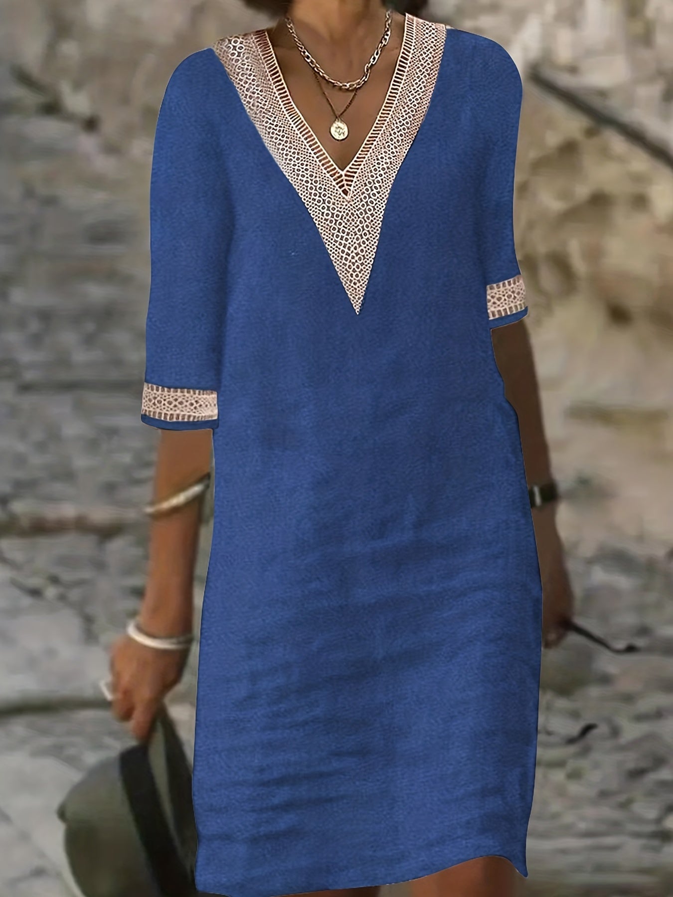 Guipure Lace V Neck Dress, Casual Short Sleeve Dress