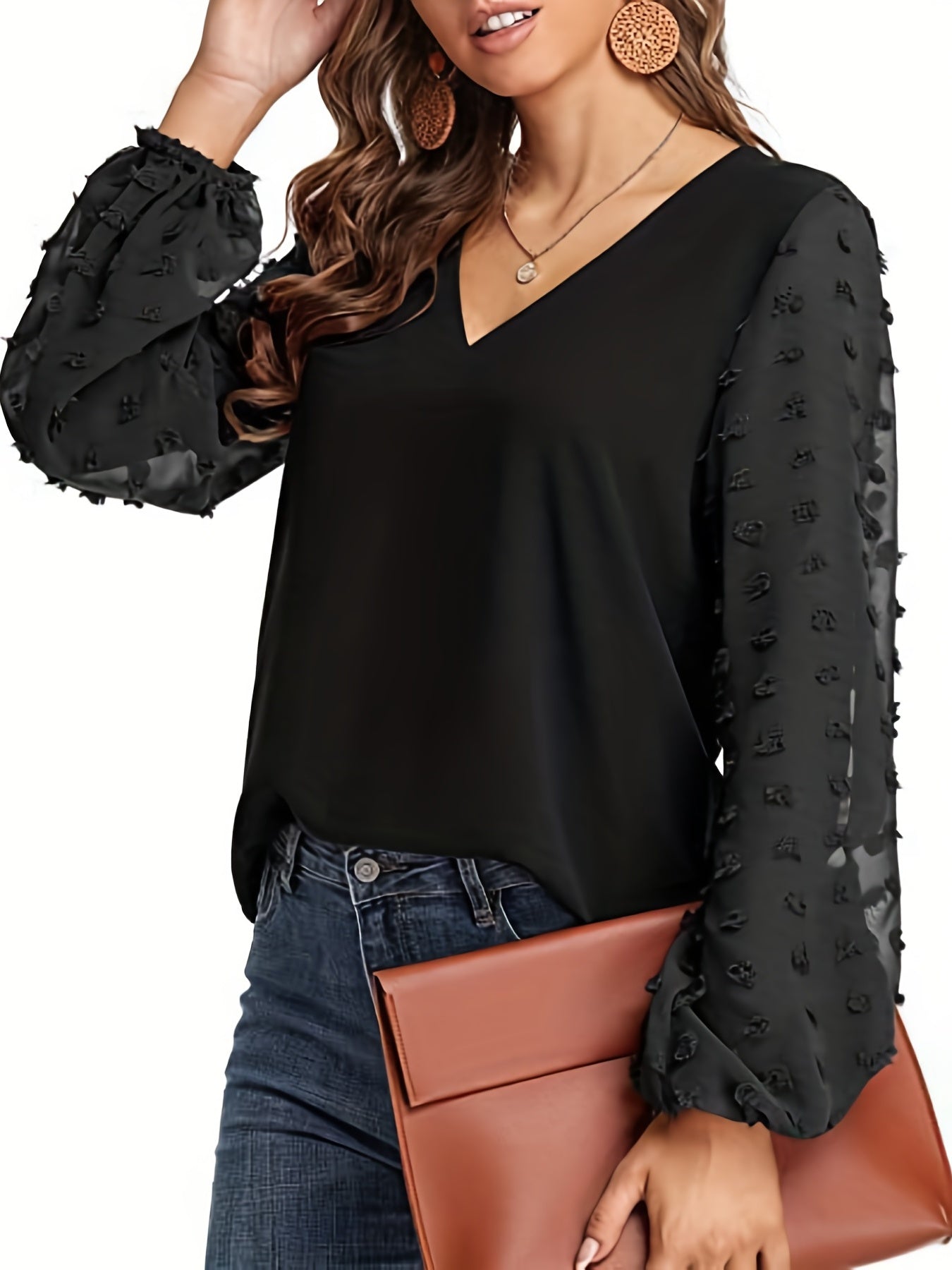 Swiss Dot Sleeve Shirt, Casual V Neck Solid Shirt