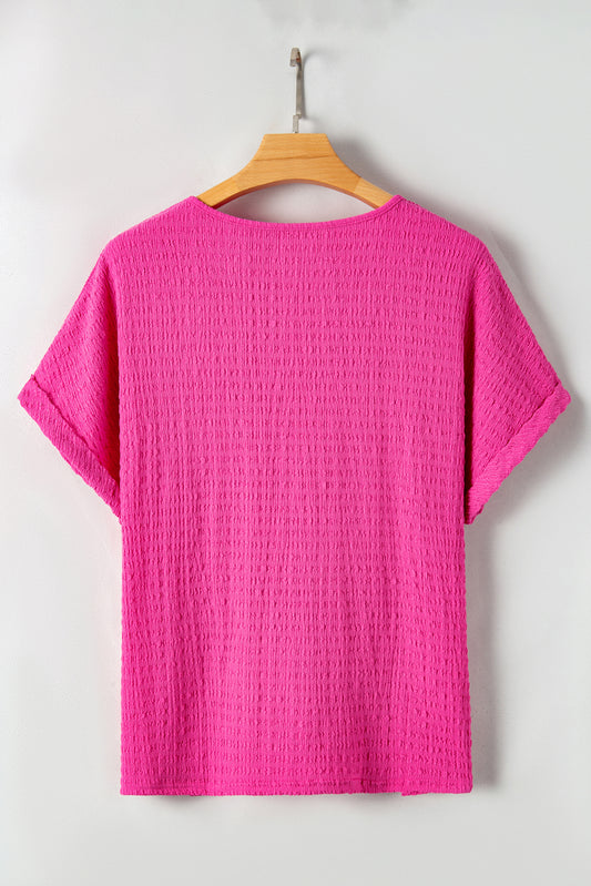 Bright Pink Plus Size Textured Folded Sleeve V Neck T Shirt