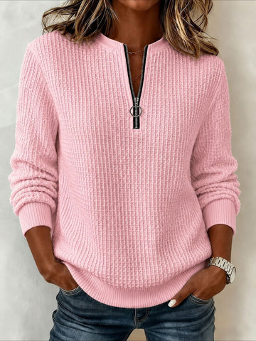 Half-open Zipper Waffle Long Sleeve Jumper Casual Knitted Sweater
