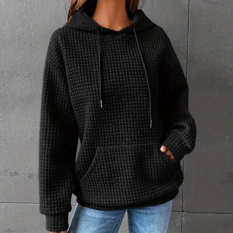 Waffle Grid Kangaroo Pocket Hoodie, Casual Long Sleeve Drawstring Hoodies Sweatshirt