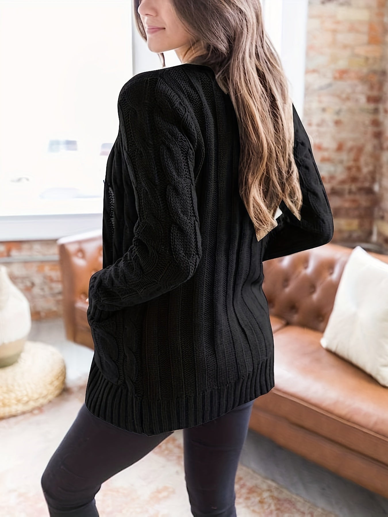 Cable Knit Button Front Cardigan, Casual Solid Long Sleeve Cardigan