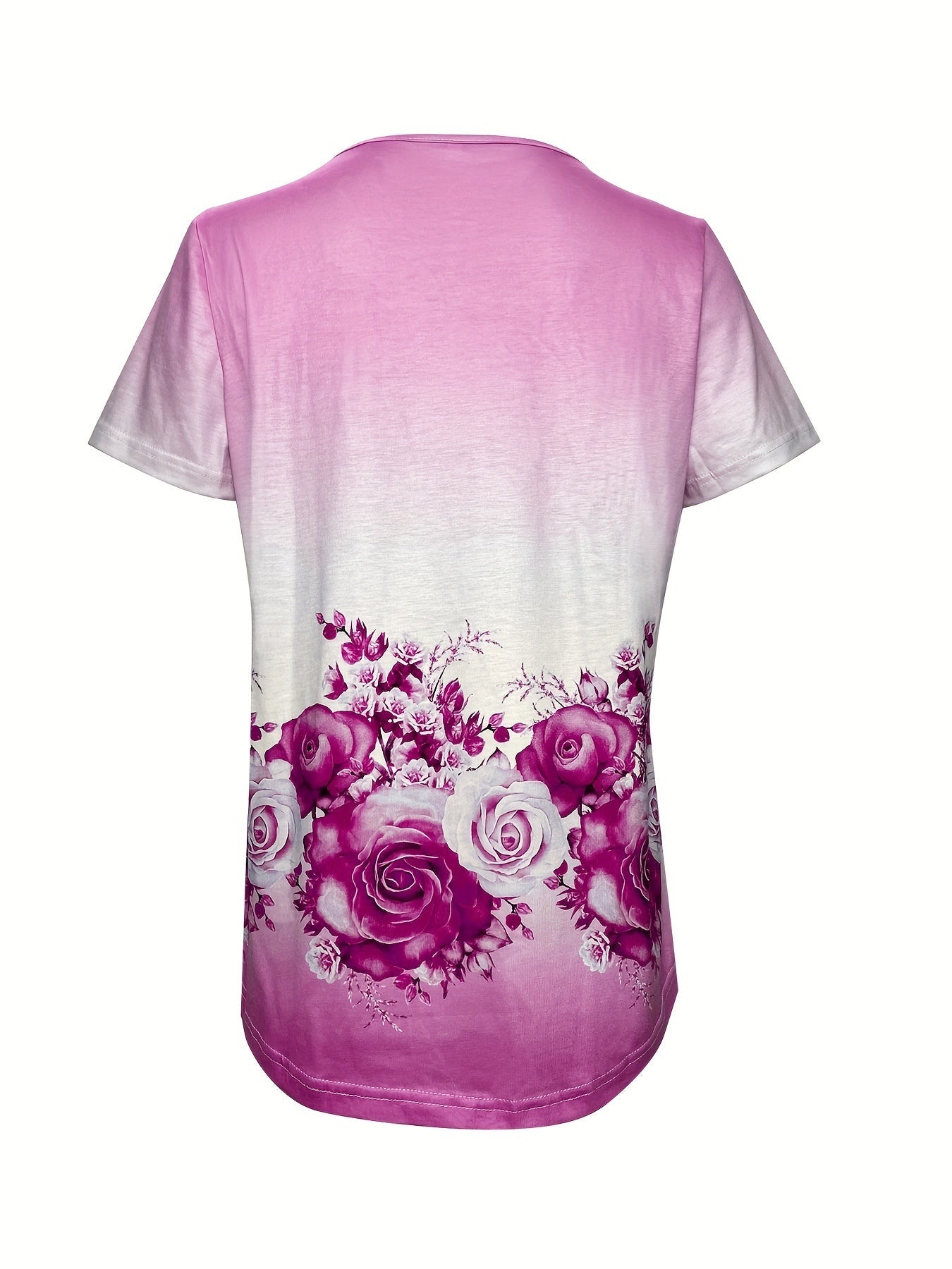 Floral Print T-Shirt, Casual Ombre Square Neck Short Sleeve T-Shirt