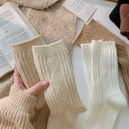 2/6 Pairs Thick & Warm Cream Color Socks, Retro Art Pattern Mid Tube Socks