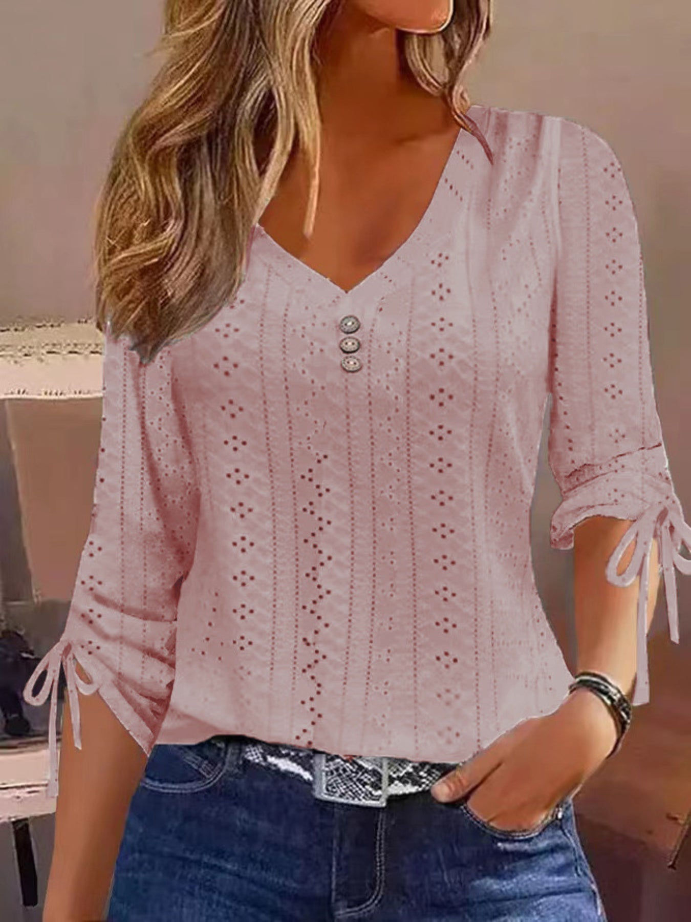 Basic Top, Women's Solid Eyelet Embroidery Ruched Tie Long Sleeve Button Decor V Neck Slight Stretch Top