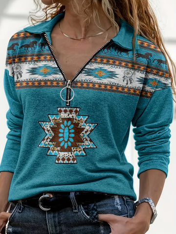 Women's Geometric Print Long Sleeve Zipper Lapel Collar Slight Stretch Top