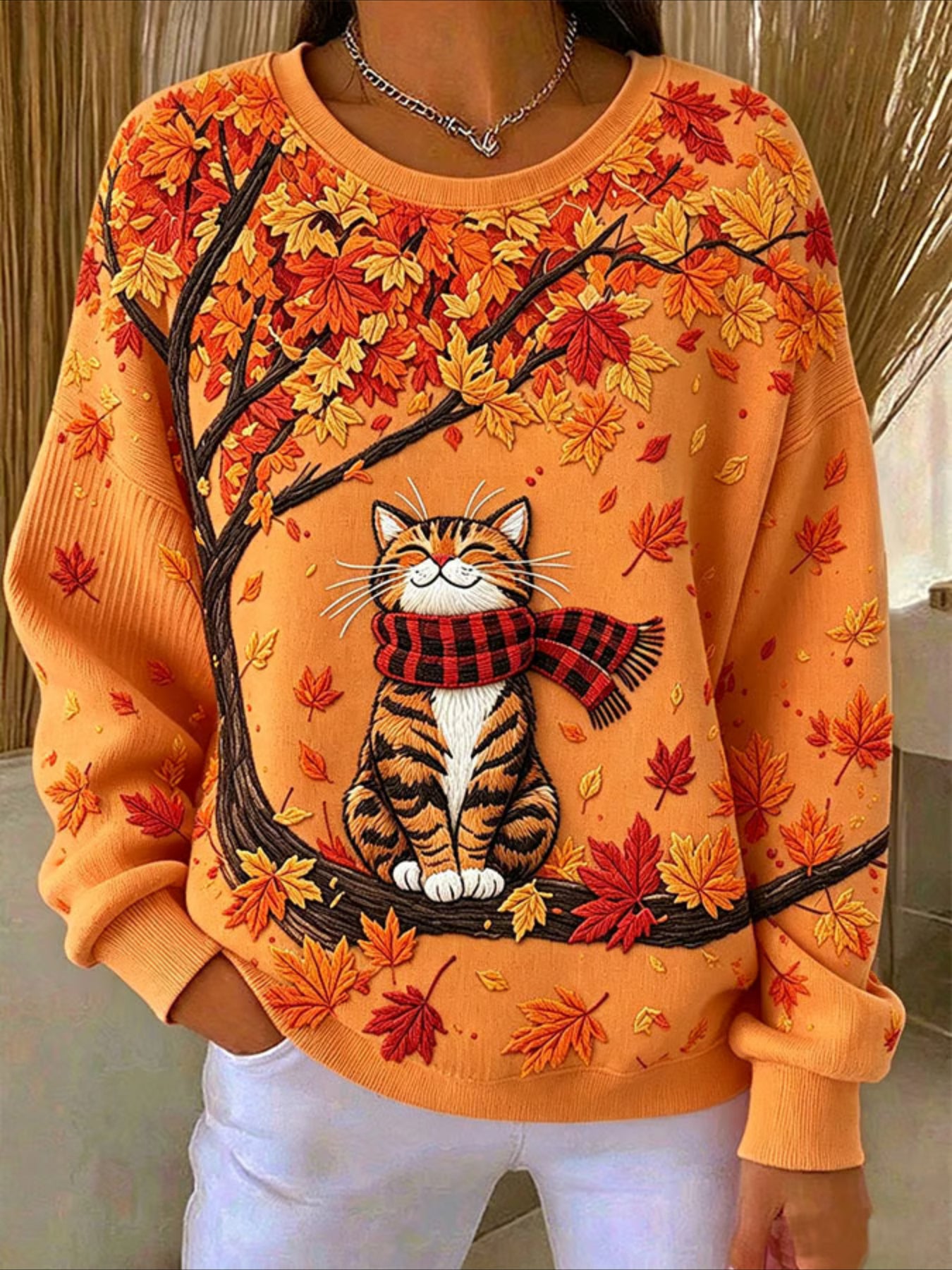 Maple Leaf Printing Crew Neck Floral Long Sleeve Comfy Casual Sweater Tee