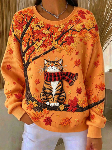 Maple Leaf Printing Crew Neck Floral Long Sleeve Comfy Casual Sweater Tee