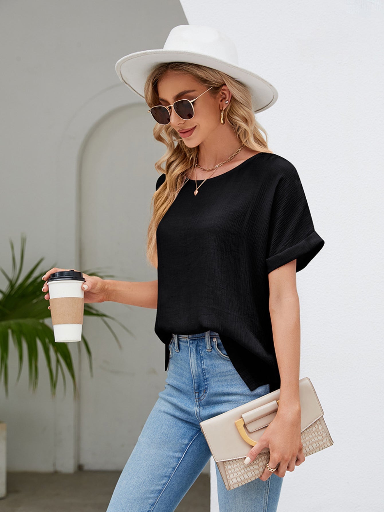 Solid Rolled Short Sleeve T-Shirt, Casual Crew Neck T-Shirt