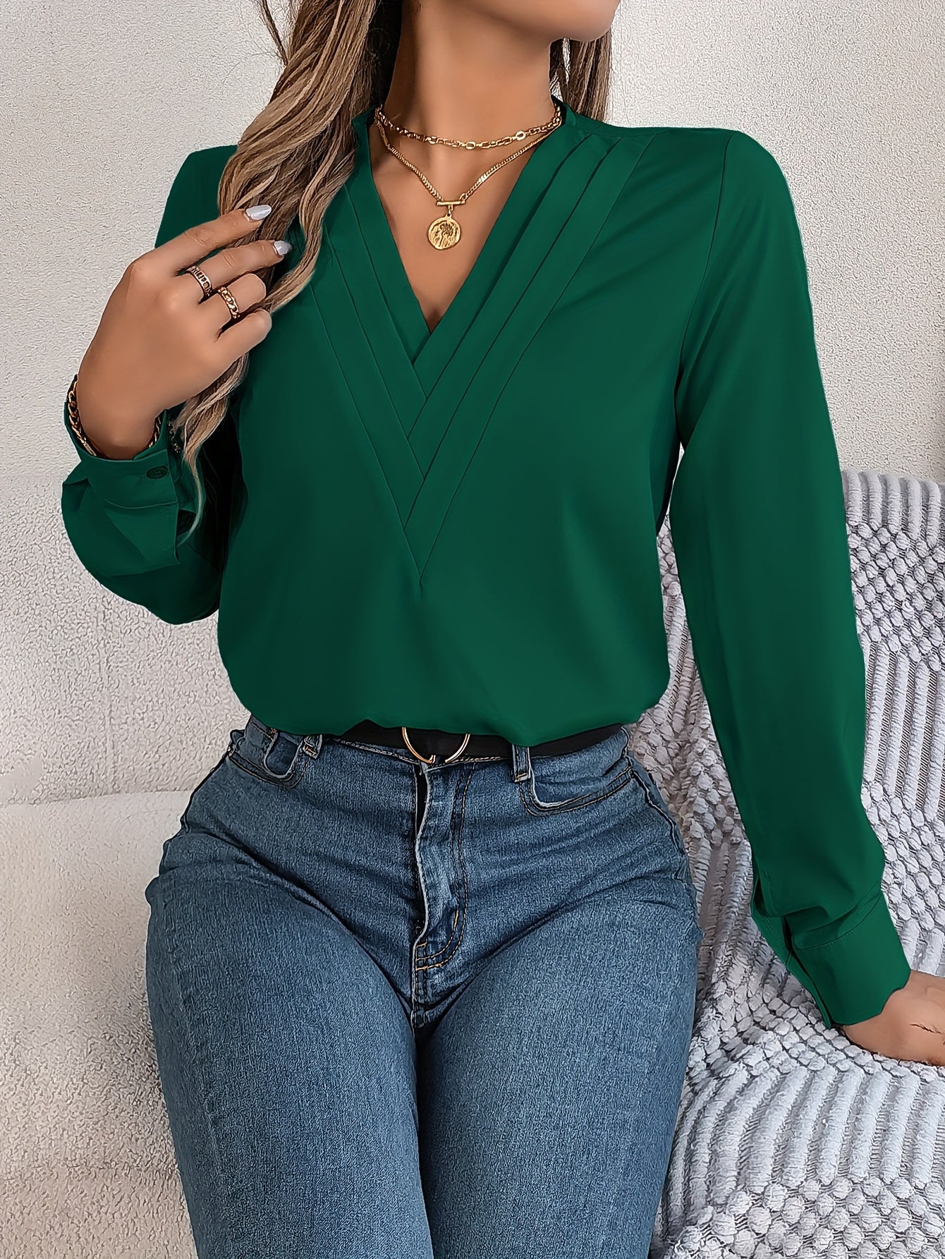 Solid Color V Neck Blouse, Elegant Long Sleeve Blouse