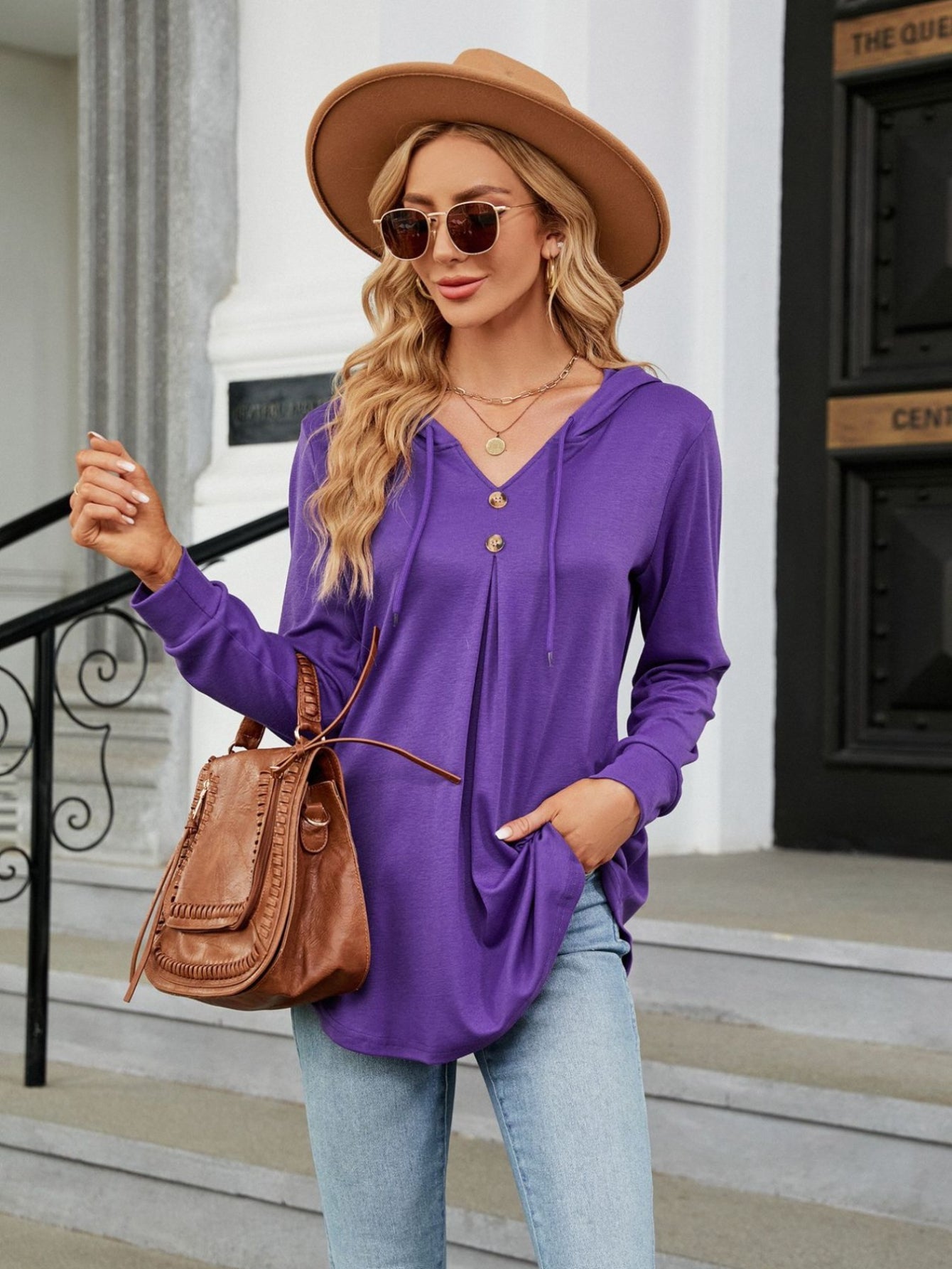 Solid Color Drawstring Button Hoodie, Casual Long Sleeve Hoodie Sweatshirt