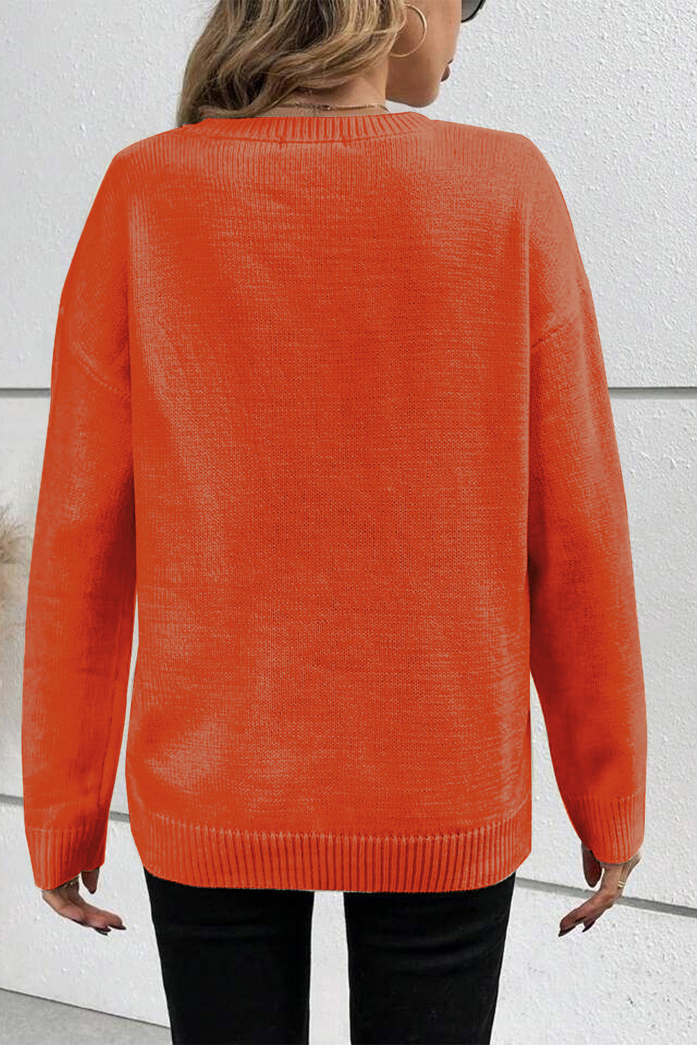 Orange Boo Knitted Pattern Ribbed Edge Drop Shoulder Sweater