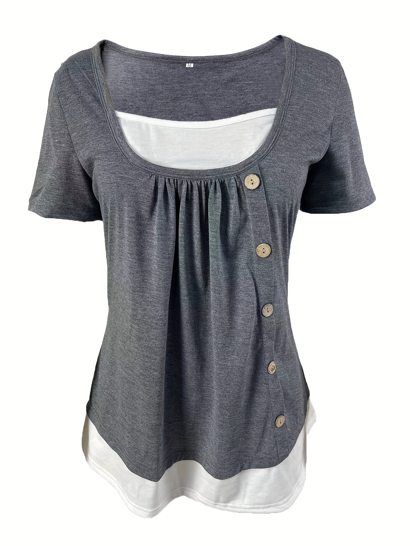 2 In 1 Color Block Button Front T-shirt, Casual Short Sleeve T-Shirt