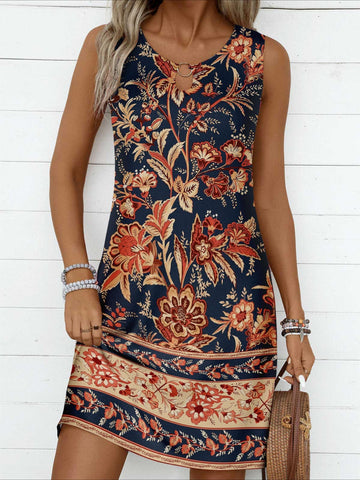 Circular Ring Floral Print Sleeveless Dress