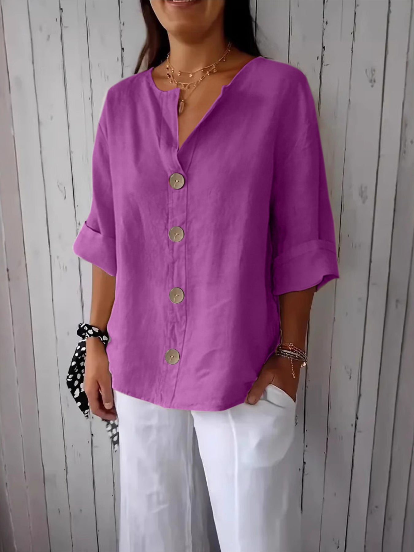 V-Neck Button-Up Solid Color Short Sleeve Loose Fit Short Sleeve Shirt