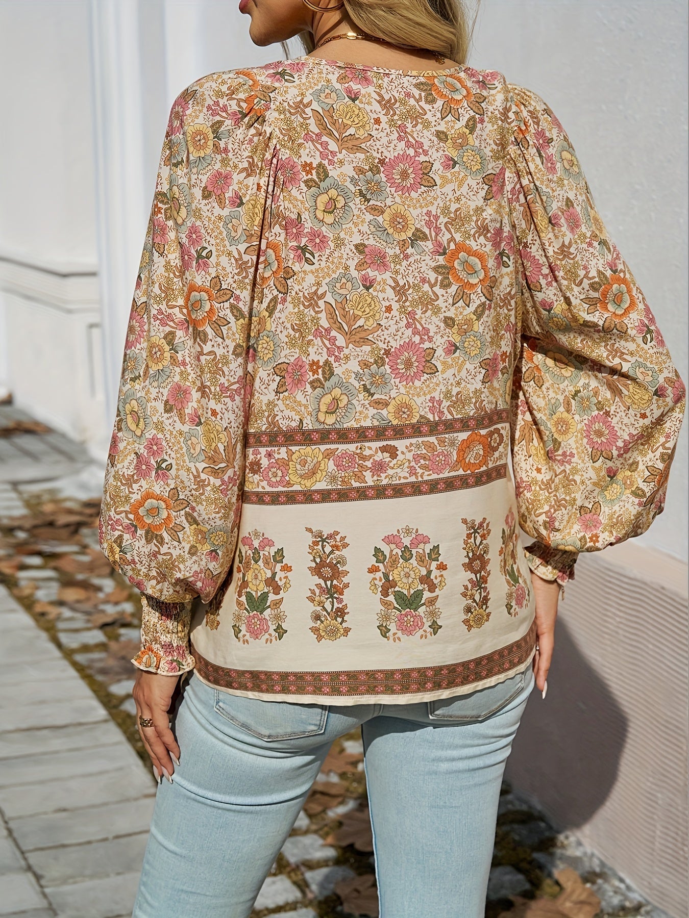 Drawstring Long Sleeve Casual Floral Print V Neck Blouse