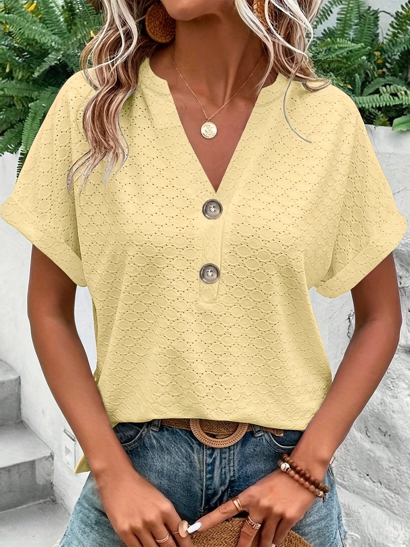 Solid Button Front V Neck T-Shirt, Casual Short Sleeve Top