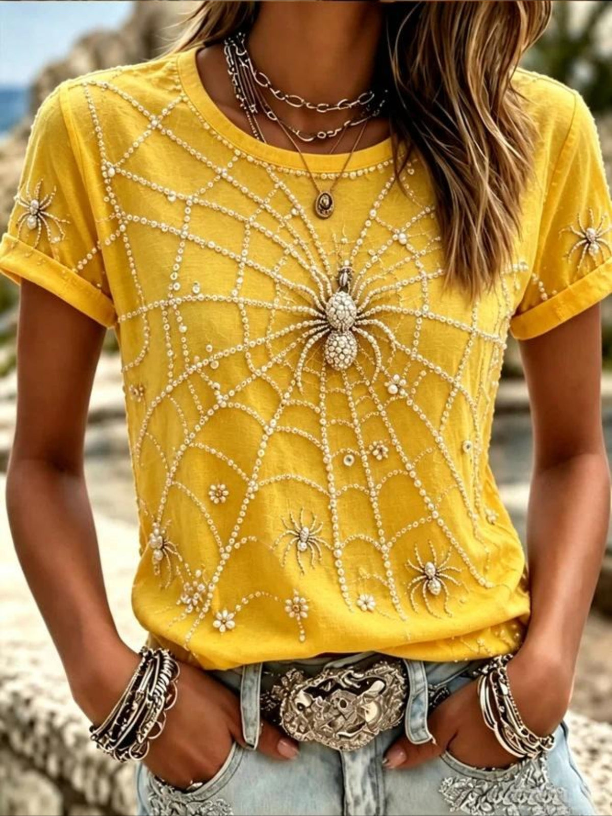 100% Cotton Casual Spider Graphic Printing Crew Neck Short Sleeve T-shirt