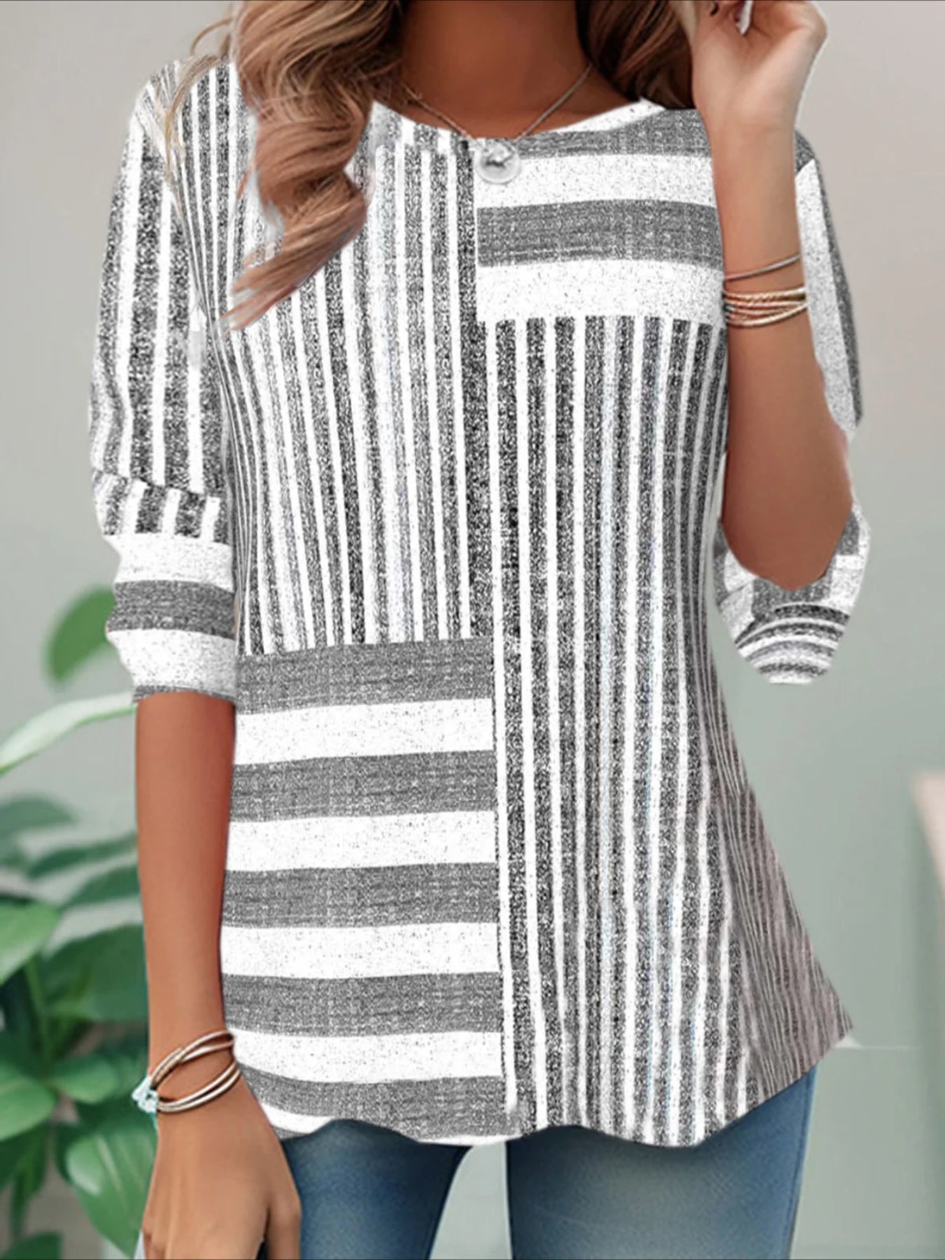 Elegant Color Block Print Crew Neck Long Sleeve T-Shirt