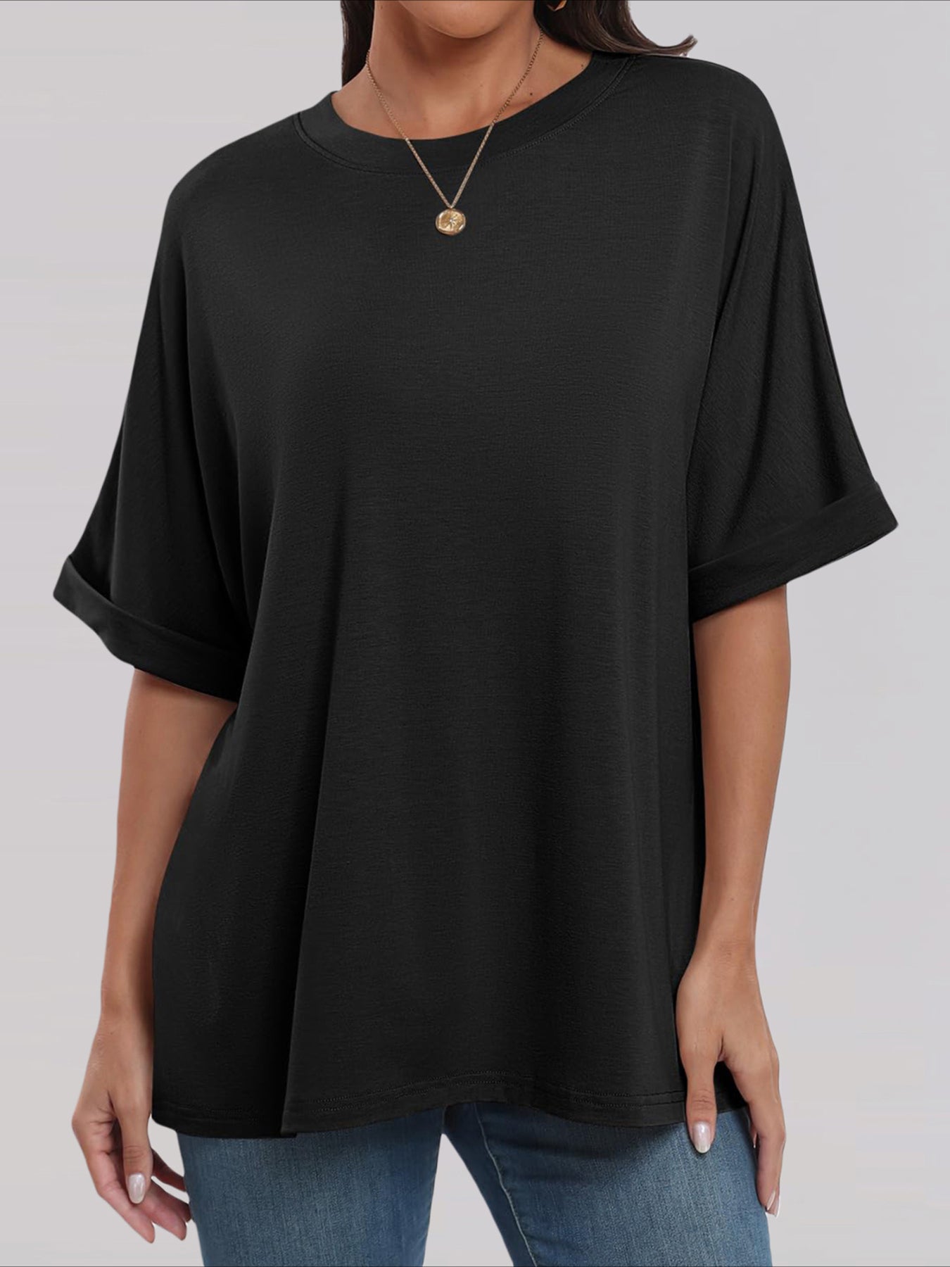 Casual Short Sleeve Crewneck Solid Color Loose T-Shirt