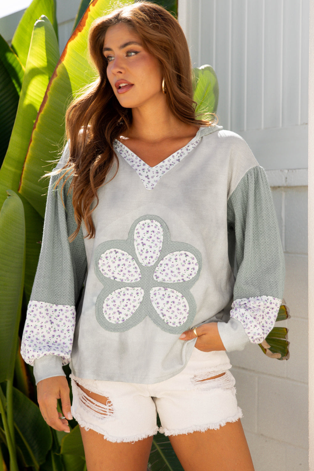 Green Floral Patched Waffle Textured Colorblock V Neck Casual Hooded Top