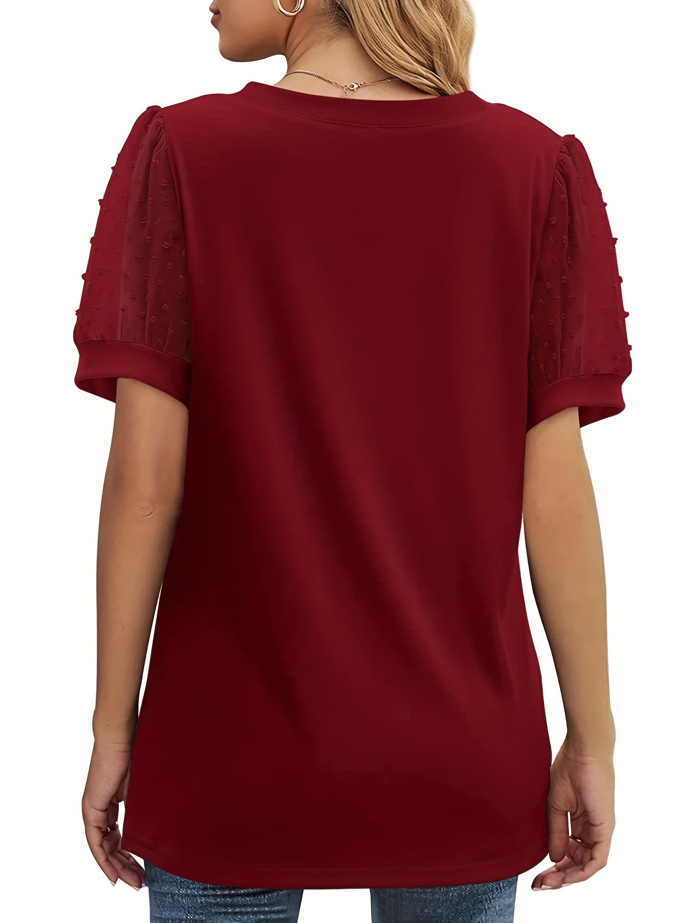 Swiss Dot Mesh V Neck T-Shirt, Casual Short Sleeve T-Shirt