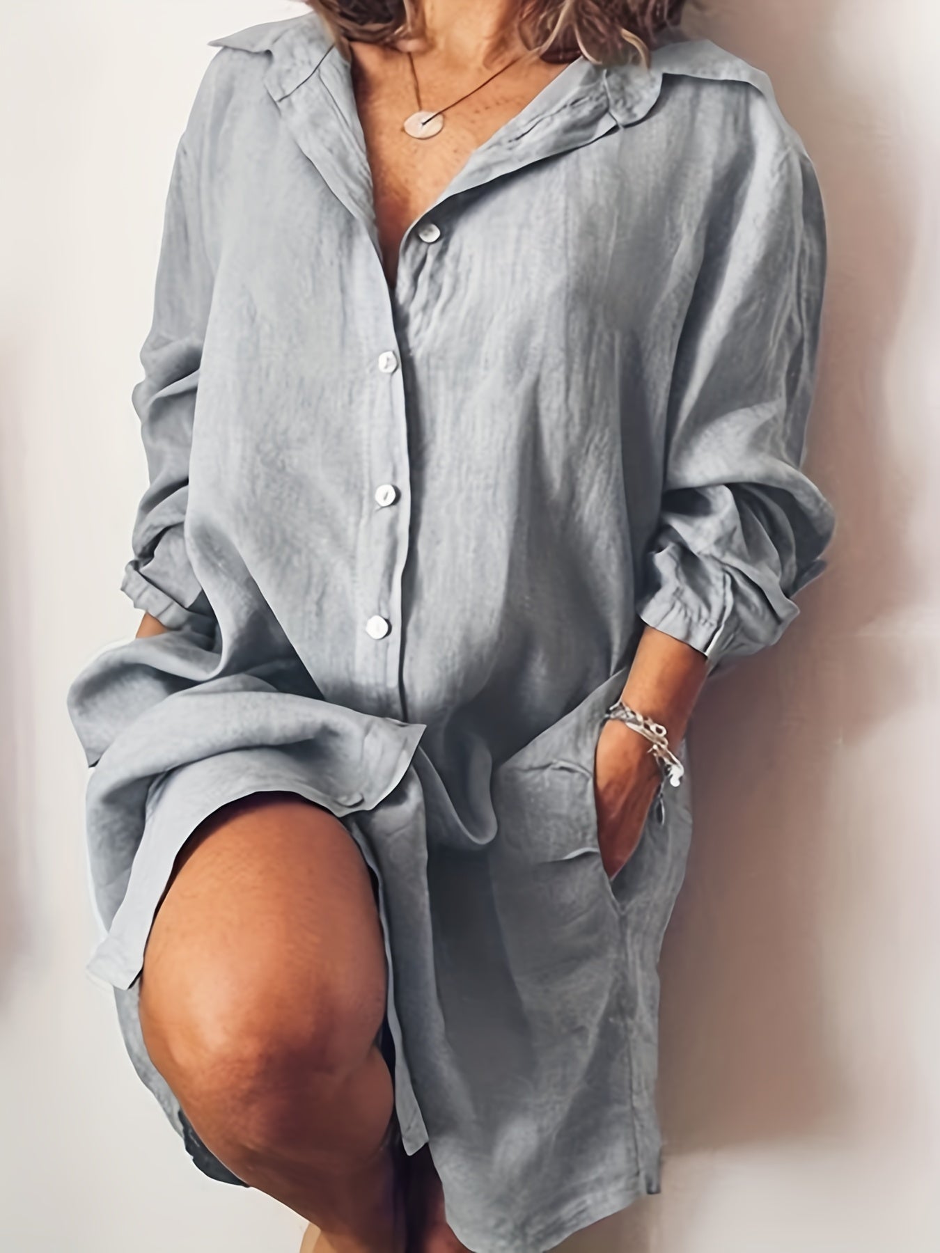 Button Front Solid Shirt Dress, Casual Long Sleeve Long Length Dress