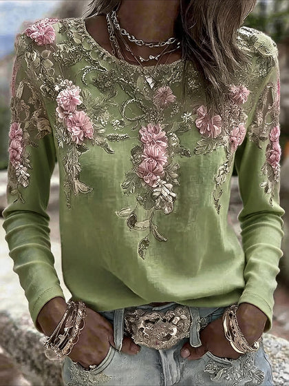 Floral Printing Jersey Crew Neck Long Sleeve T-shirt