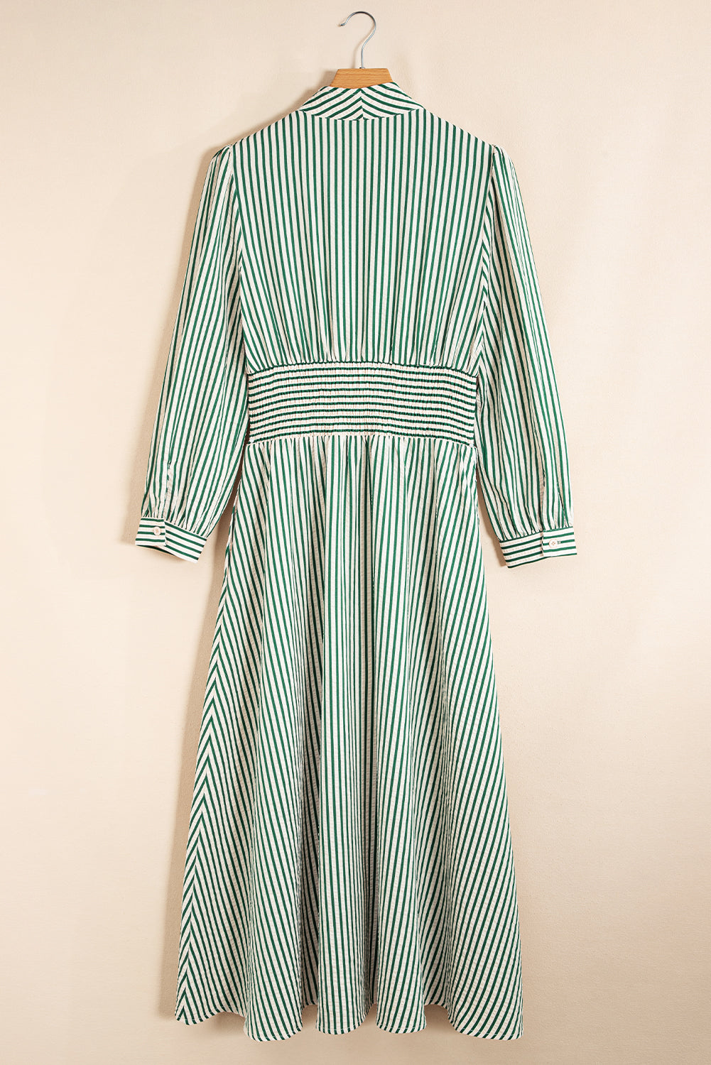 Green Stripe V Neck Zip Front Cinched High Waist Midi Dress