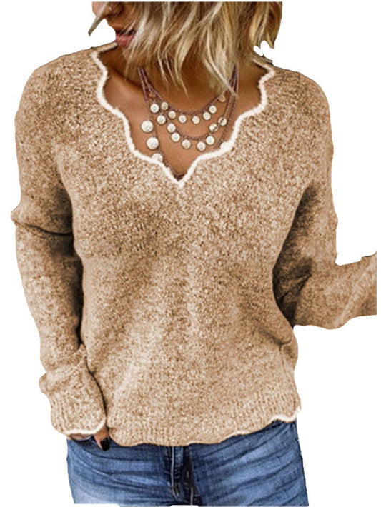 Scallop Trim Knit Sweater, Casual V Neck Long Sleeve Sweater
