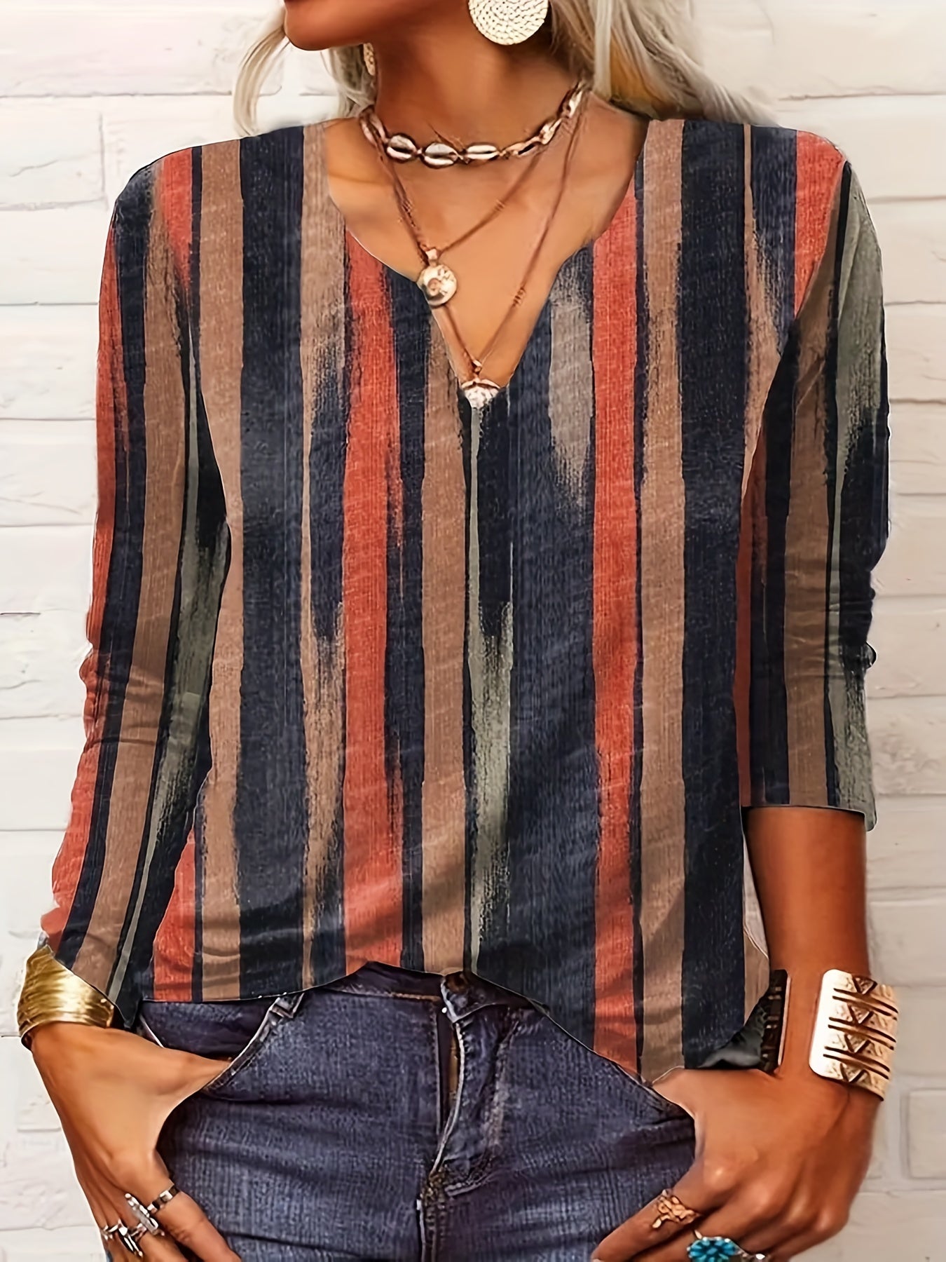 Striped Notched Neck T-Shirt, Casual Short Sleeve T-Shirt