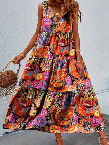 Paisley Print V Neck Maxi Dress, Vacation Sleeveless Ruffle Hem Loose Dress