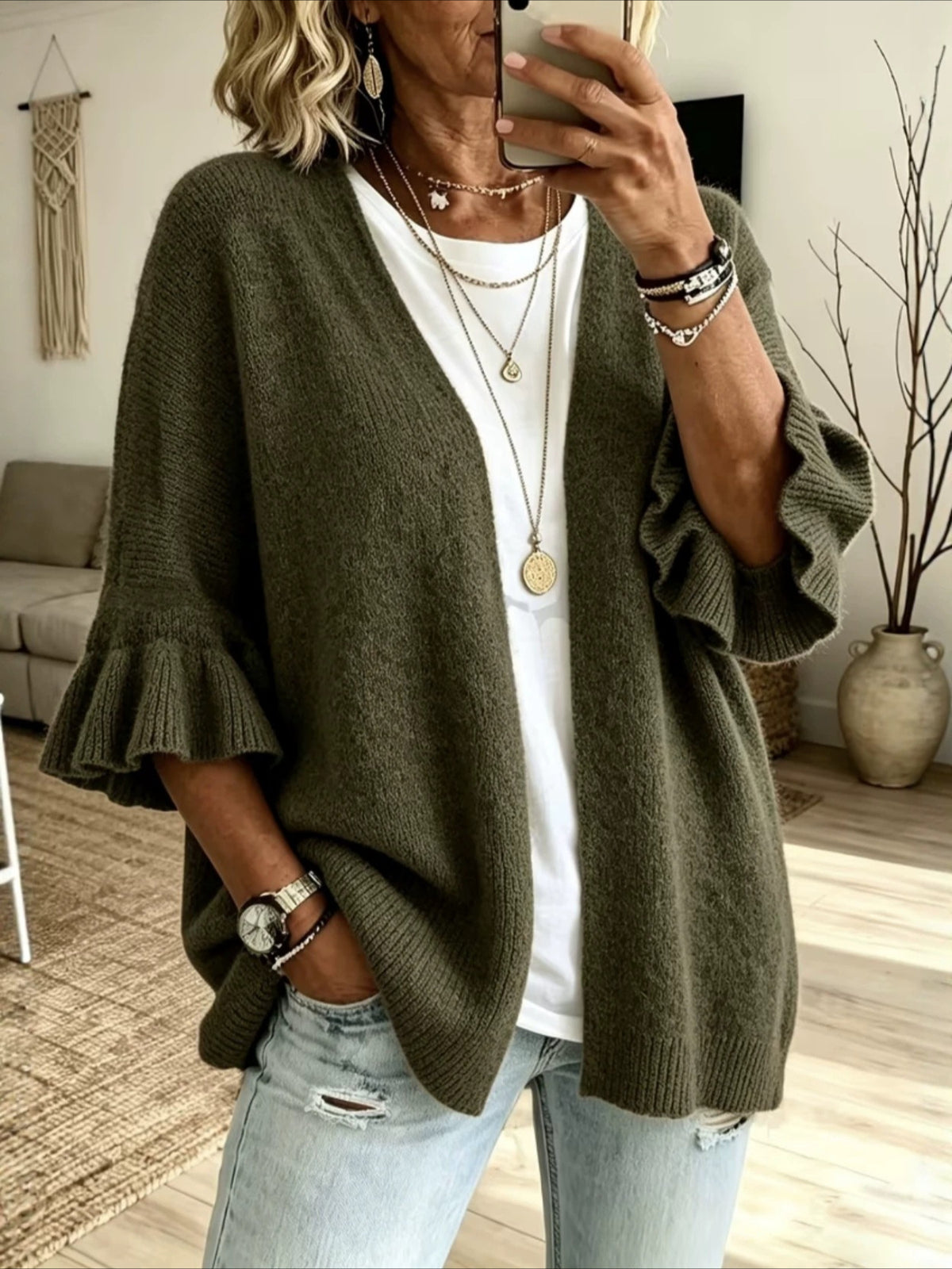 Open Front Ruffle Sleeve Knit Cardigan