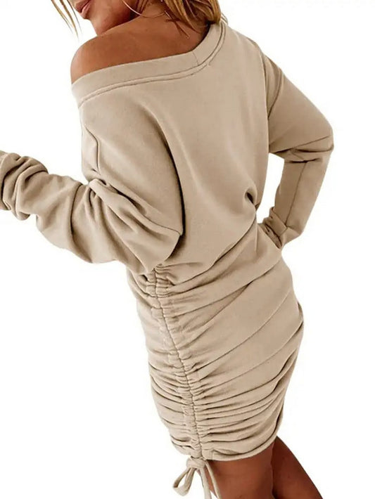 Solid Drawstring Pullover Sweatshirt Dress, Casual Ruched Long Sleeve Sweatshirt Dress