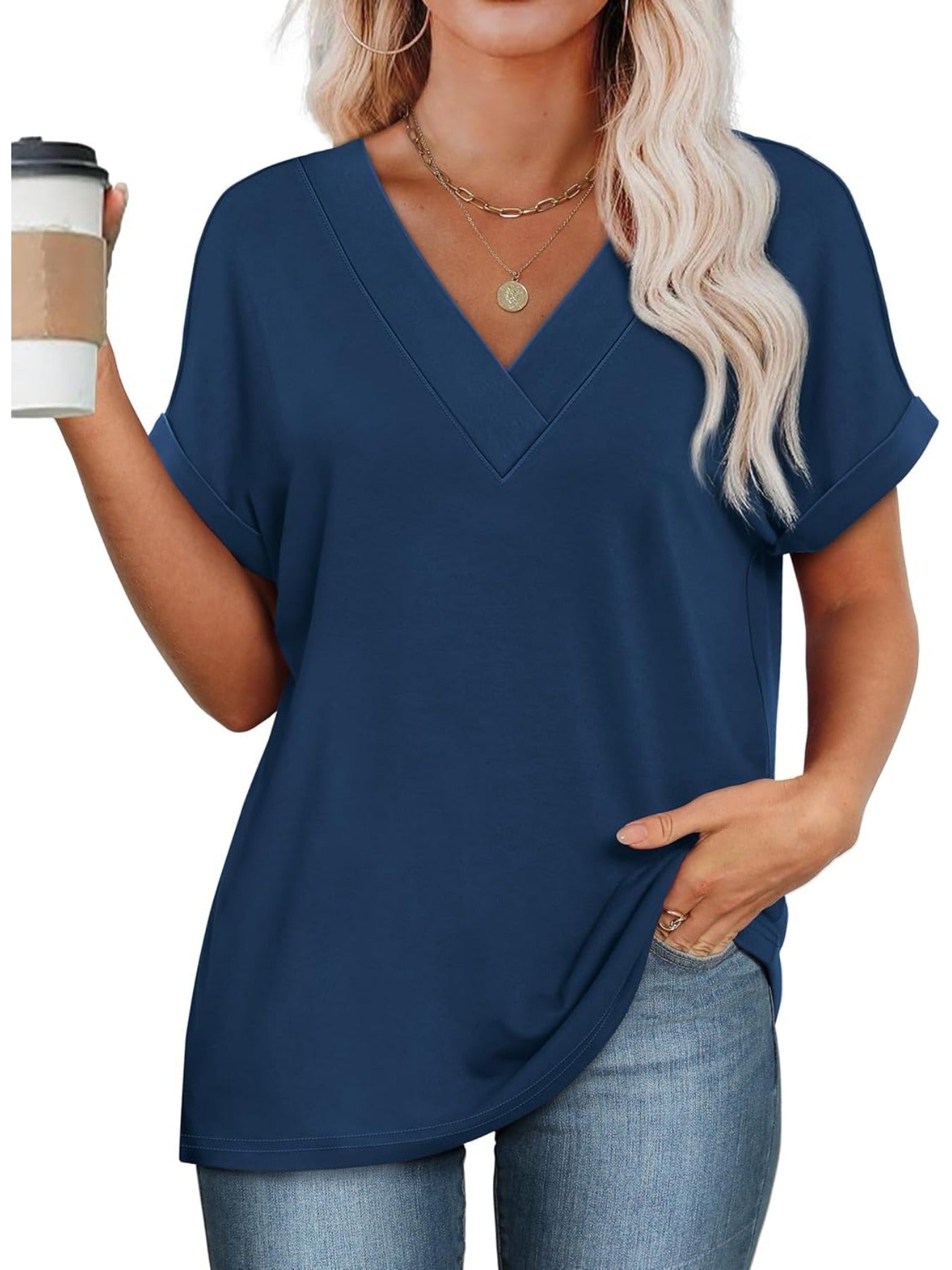 Solid Color V Neck Short Dolman Sleeve Shirts