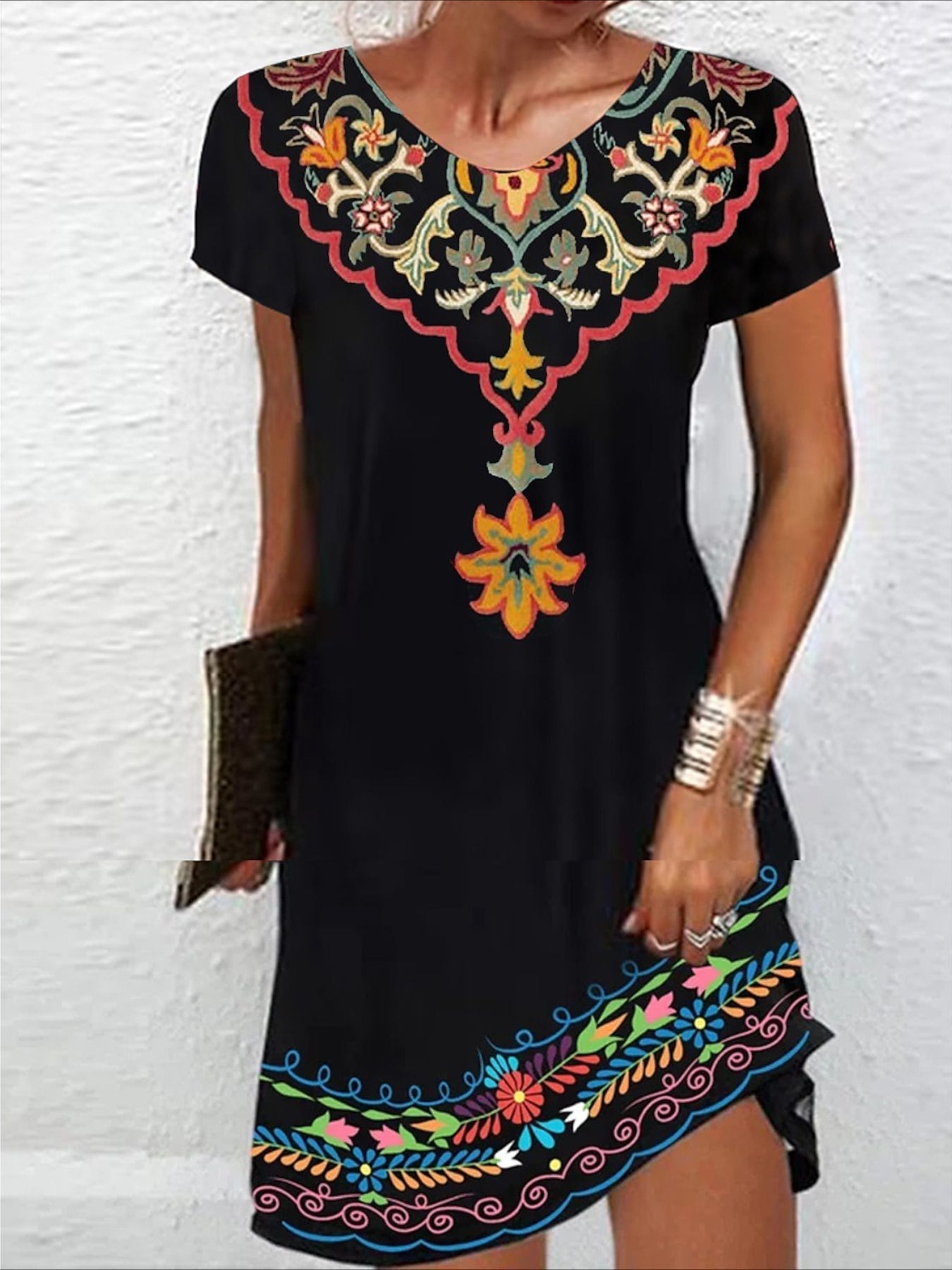 Floral Print Short Sleeve A-line Dress, Casual Crew Neck Above Knee Dress