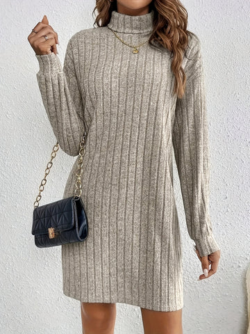 Elegant Turtleneck Knit Dress for Women - Soft, Stretchy Long Sleeve Design