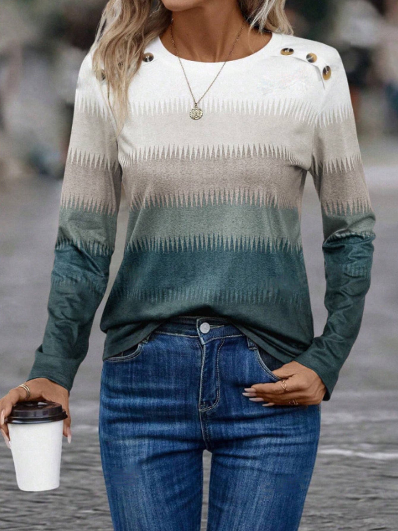 Vibrant Gradient Color Long Sleeve Crew Neck T-shirt - Casual Button Front Top