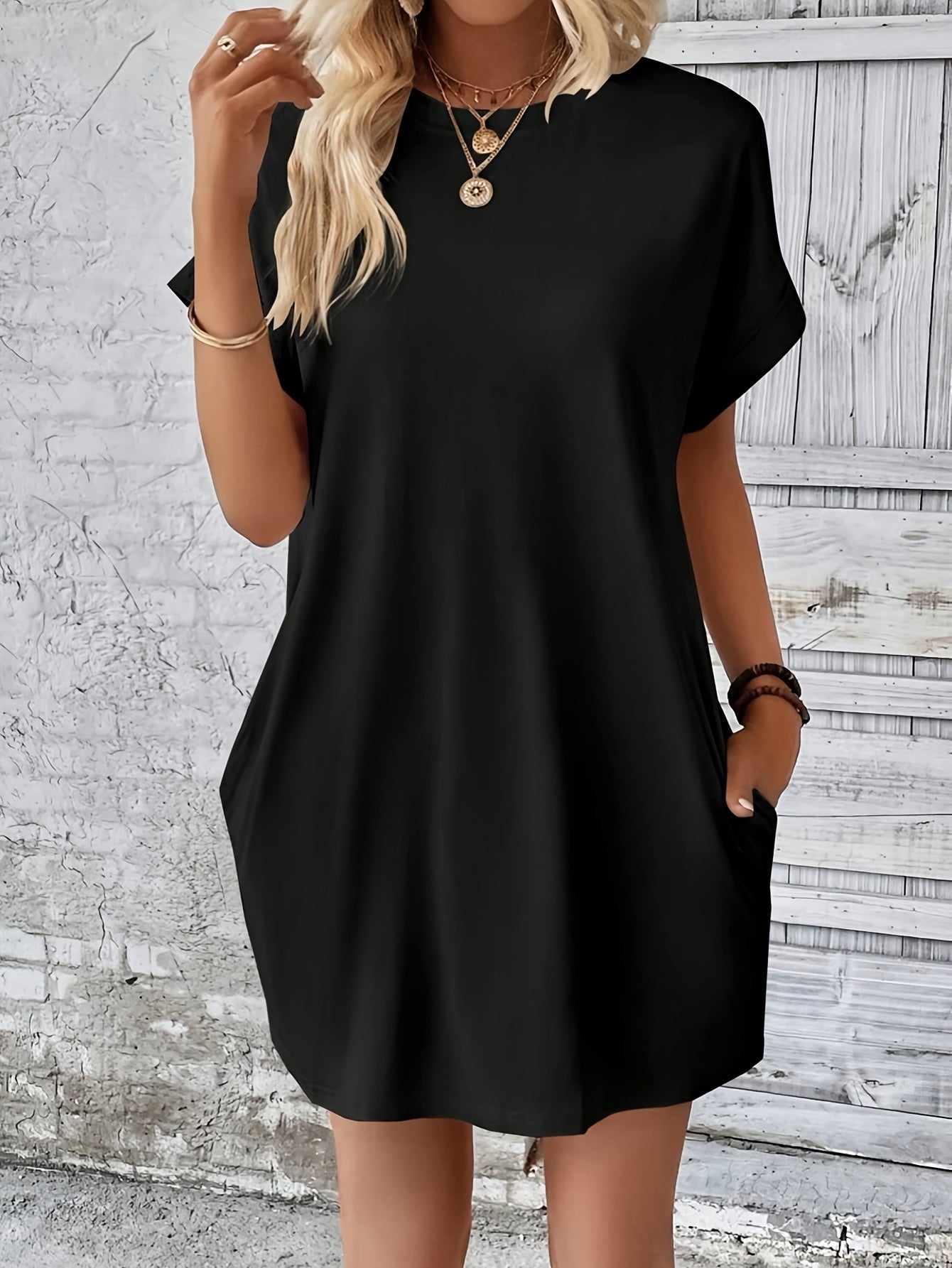 Crew Neck With Pocket Dress, Casual Short Sleeve Dress