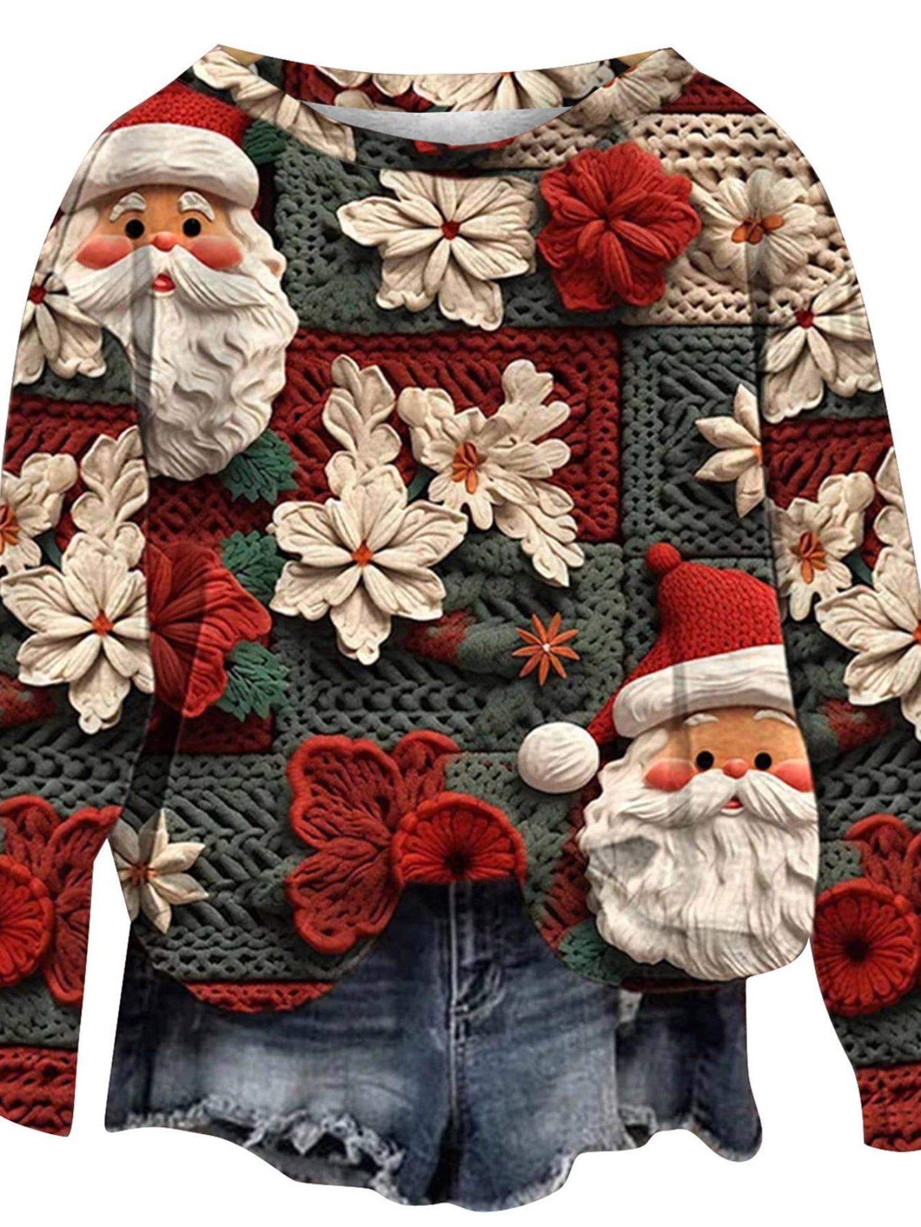 Christmas Allover Print Pullover Sweatshirt, Thin Long Sleeve Crew Neck Sweatshirt