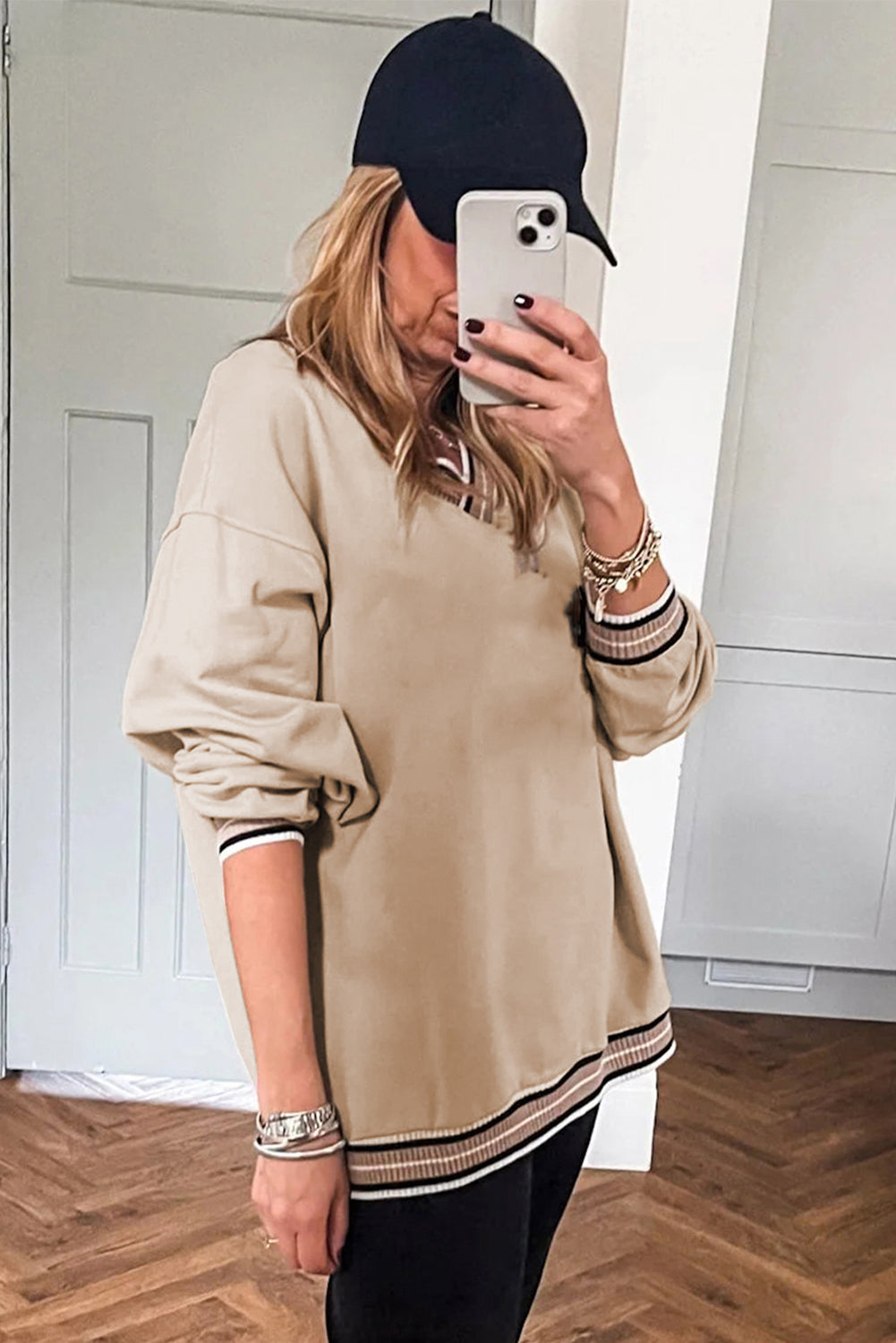 Parchment Varsity Contrast Striped Trim V Neck Sweatshirt