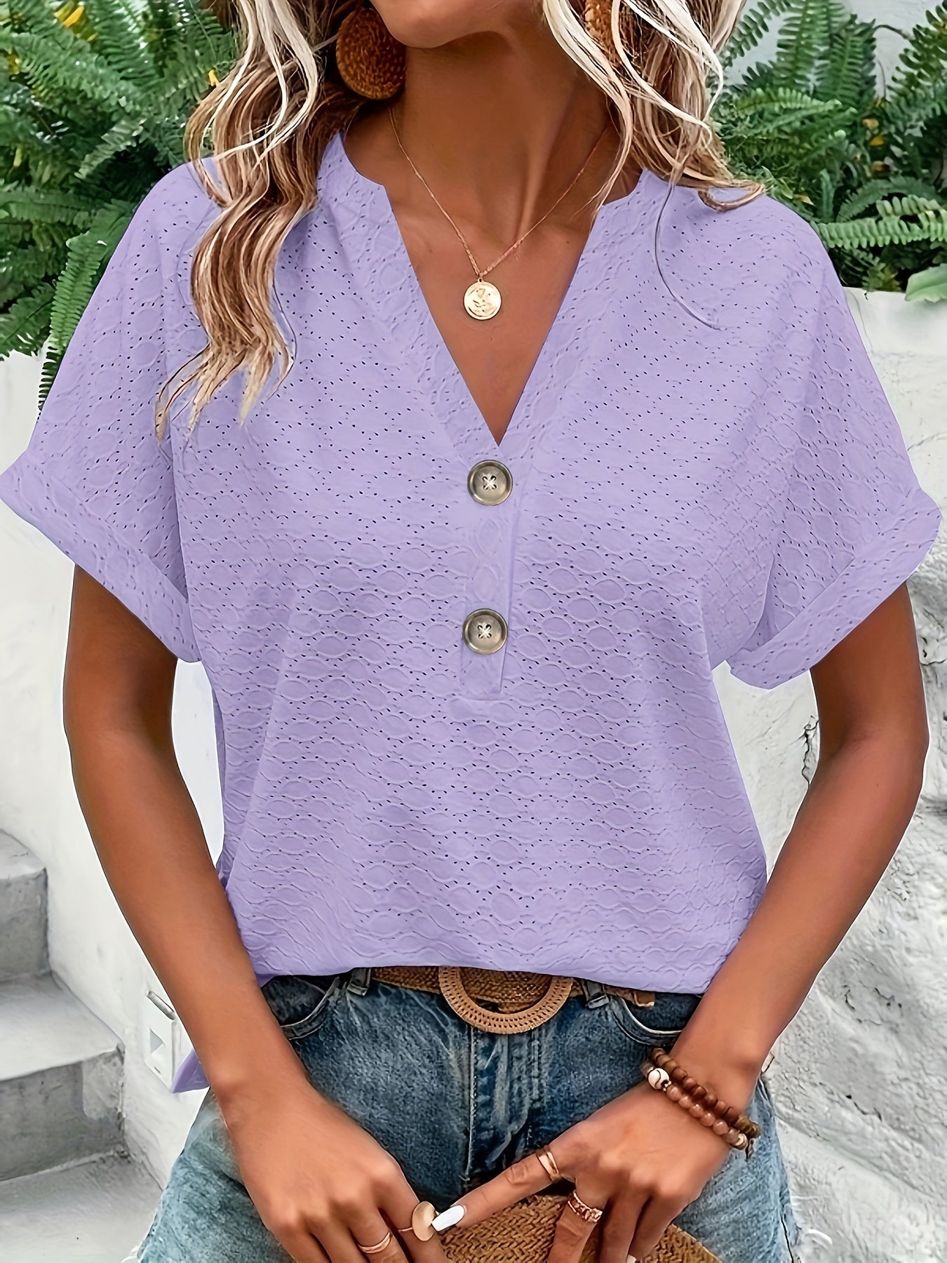 Solid Button Front V Neck T-Shirt, Casual Short Sleeve Top